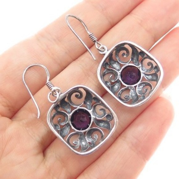 925 Sterling Silver Vintage Real Amethyst Floral Oxidized Dangle Earrings - Picture 2 of 7